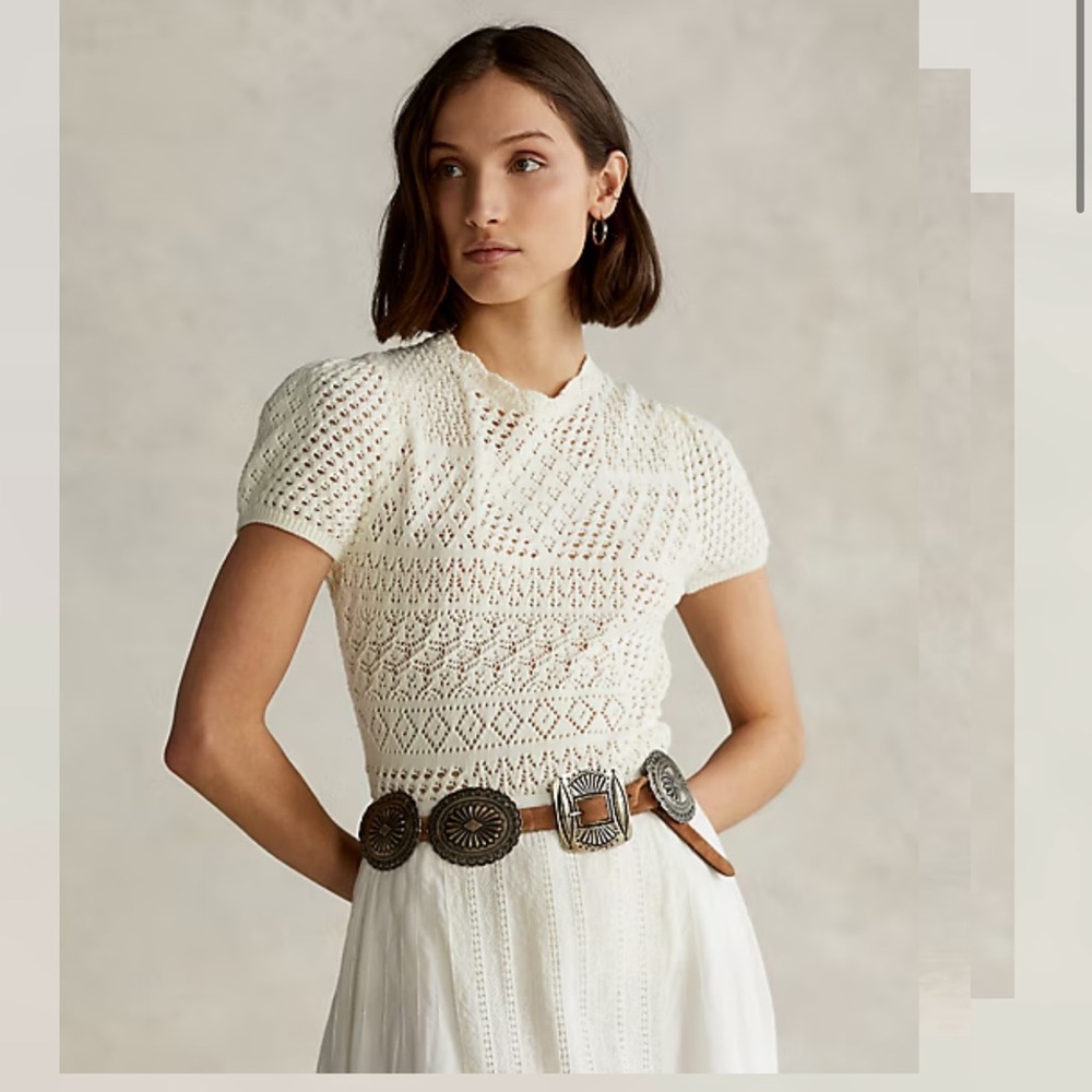 Ralph Lauren Cream Crochet Knit Short-Sleeve Top